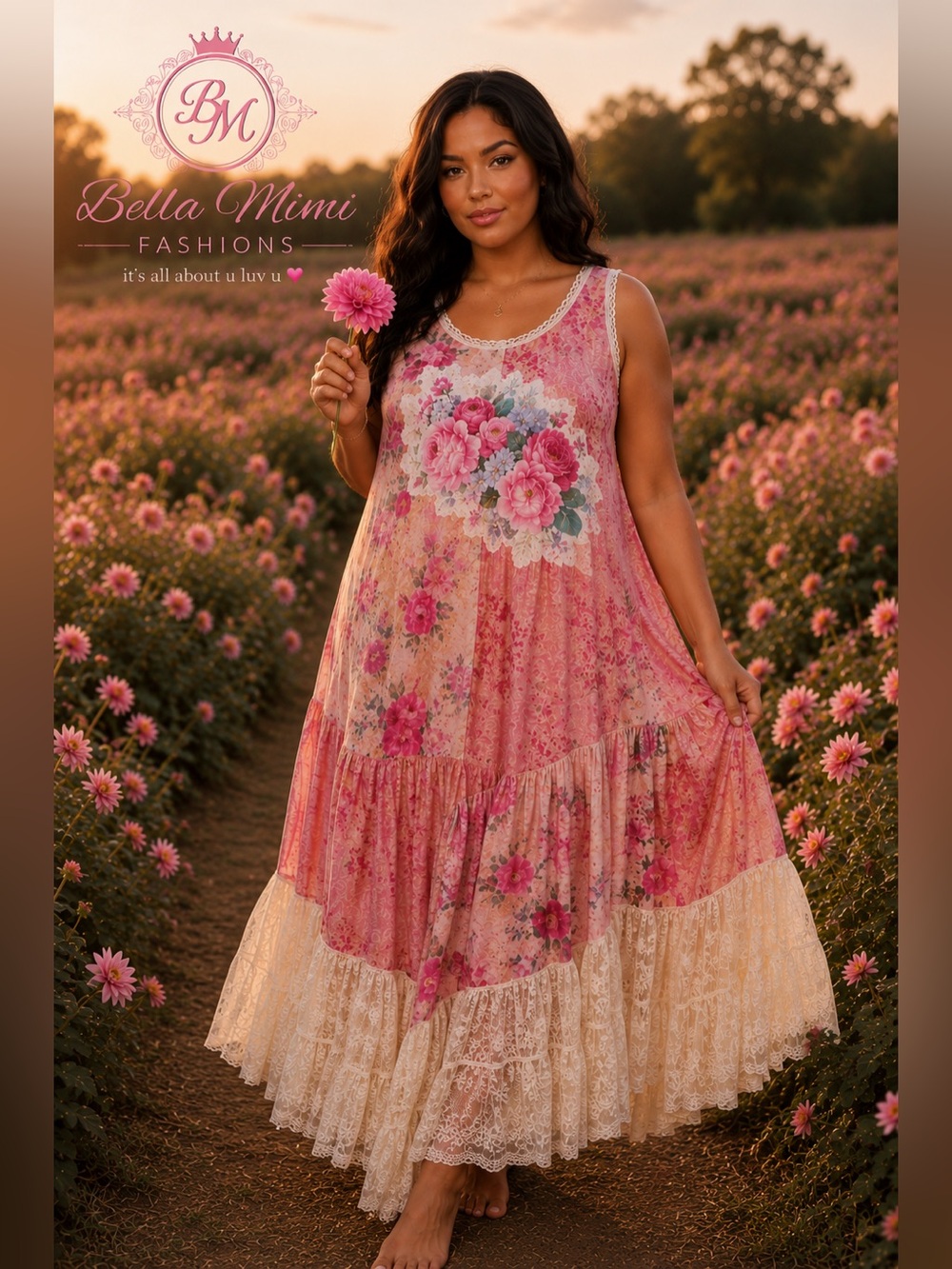 NEW LAST ONE Pink Floral Lace-Trim Maxi Dress  Sleeveless Size 1X BRB  SL 7 🌸